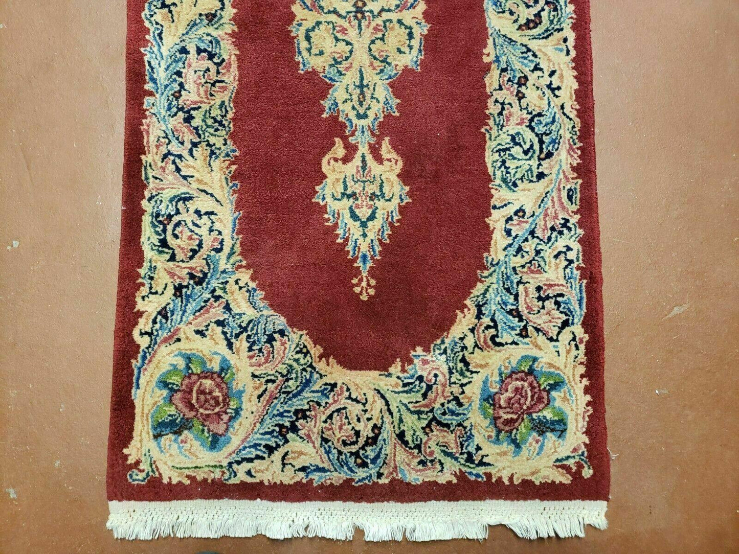 Persian Kirman Rug Hand Knotted Wool 2x4 Vintage Floral Medallion Red Beige