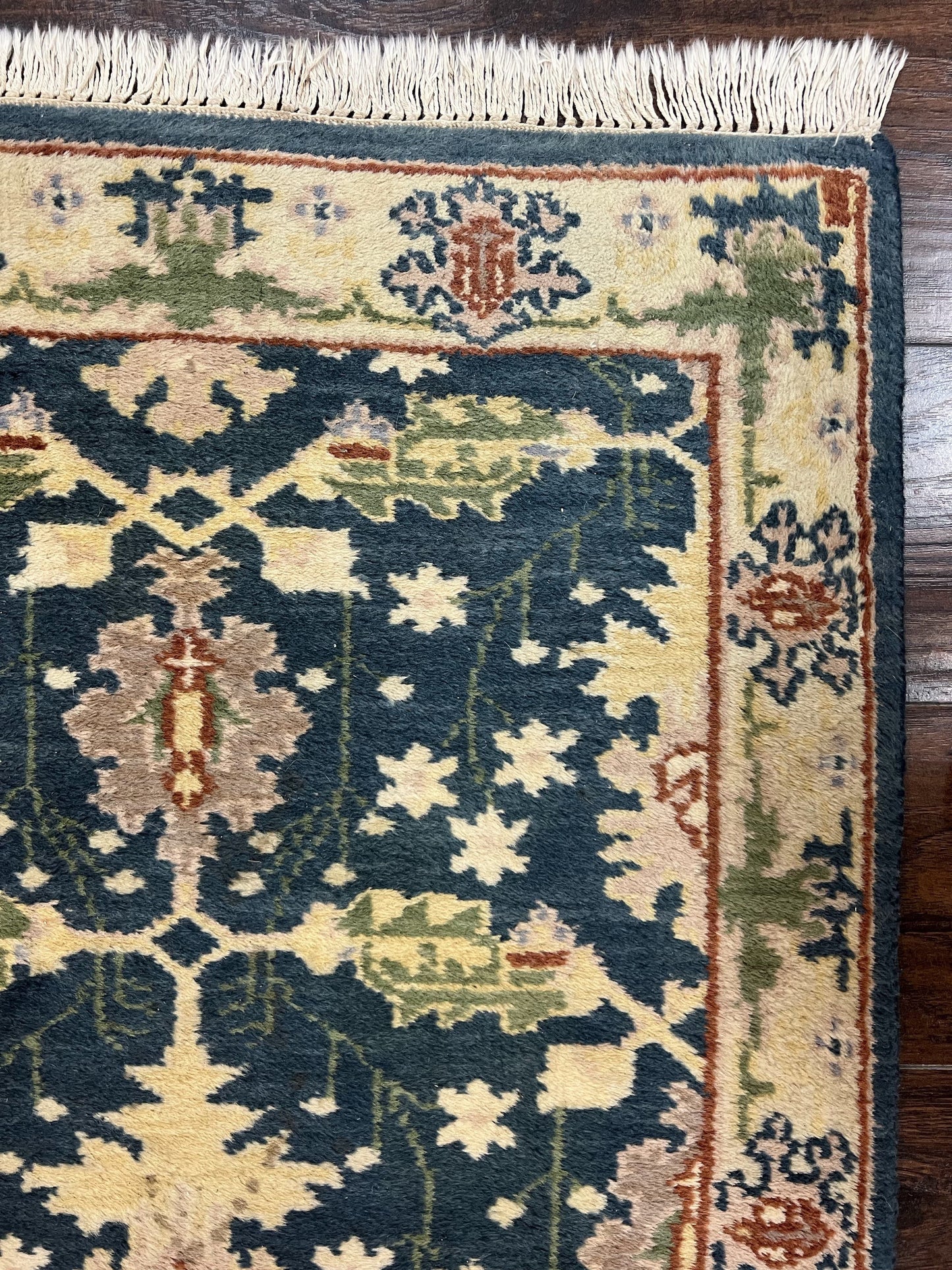 Indian Runner Rug 2.6 x 12, Navy Blue Beige Oriental Runner Rug 12ft Long, Narrow Hallway Runner, Wool Hand Knotted Indo Persian Mahal Rug