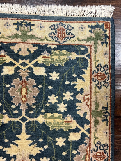 Indian Runner Rug 2.6 x 12, Navy Blue Beige Oriental Runner Rug 12ft Long, Narrow Hallway Runner, Wool Hand Knotted Indo Persian Mahal Rug