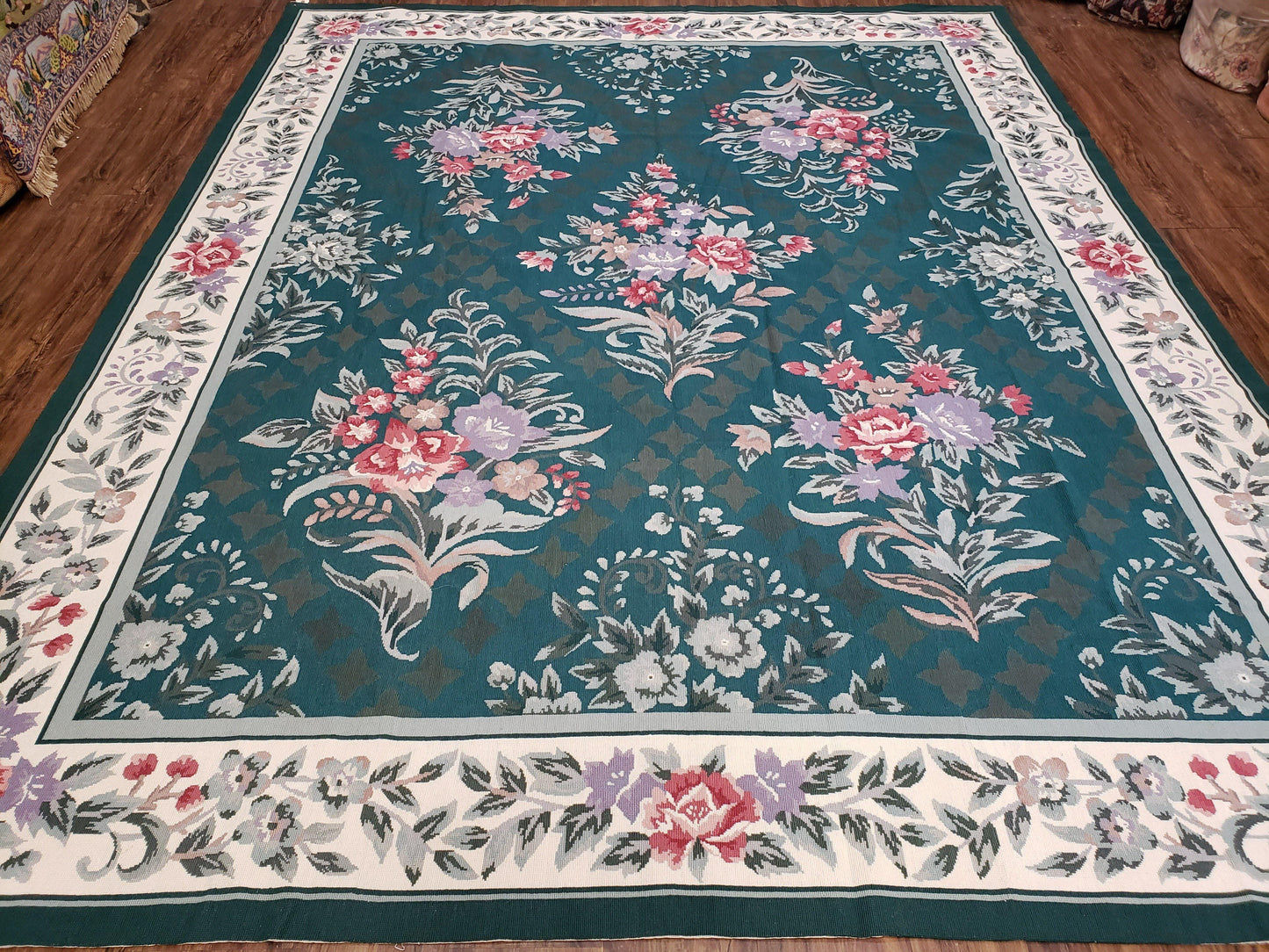 Chinese Needlepoint Rug 8x10 Vintage Green Handwoven Wool Carpet European Floral Living Room Rug