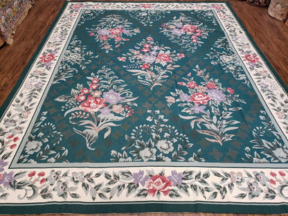 Chinese Needlepoint Rug 8x10 Vintage Green Handwoven Wool Carpet European Floral Living Room Rug