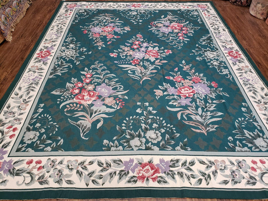 Chinese Needlepoint Rug 8x10 Vintage Green Handwoven Wool Carpet European Floral Living Room Rug