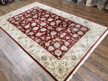 Vintage Traditional Oriental Area Rug, Hand-Knotted, Wool & Silk Accents, Maroon Red and Beige, 6x9 Carpet, 5' 9" x 9'