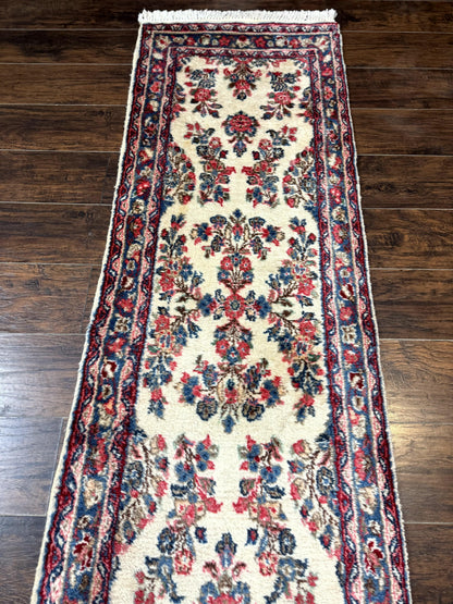 Persian Sarouk Runner Rug Handmade Wool Floral Hallway Ivory