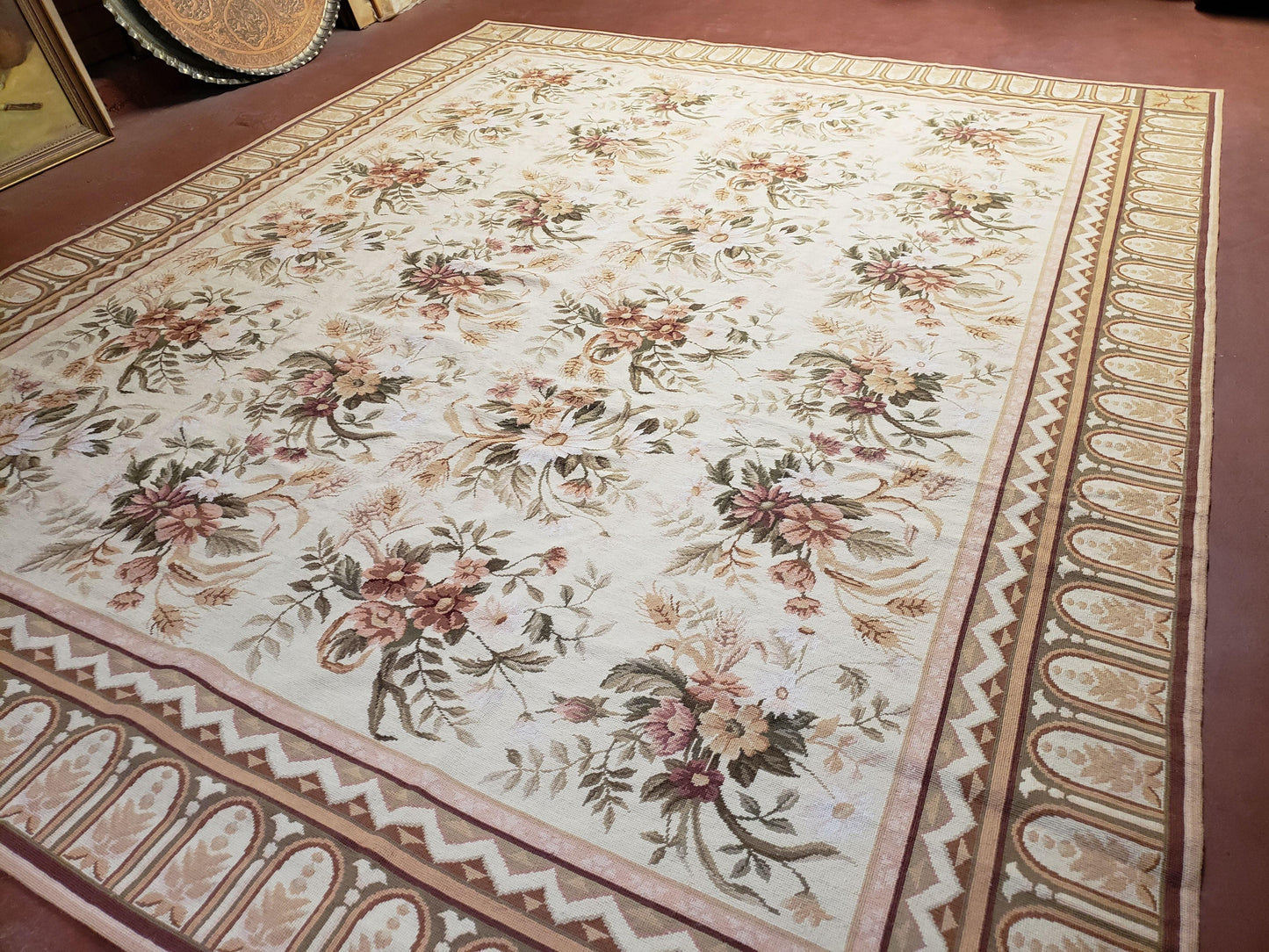 Needlepoint Rug 8x10 Aubusson Rug Victorian Floral Rug Handmade French Style French Decor Garden Panel Beige 8 x 10 Area Rug 100% Wool