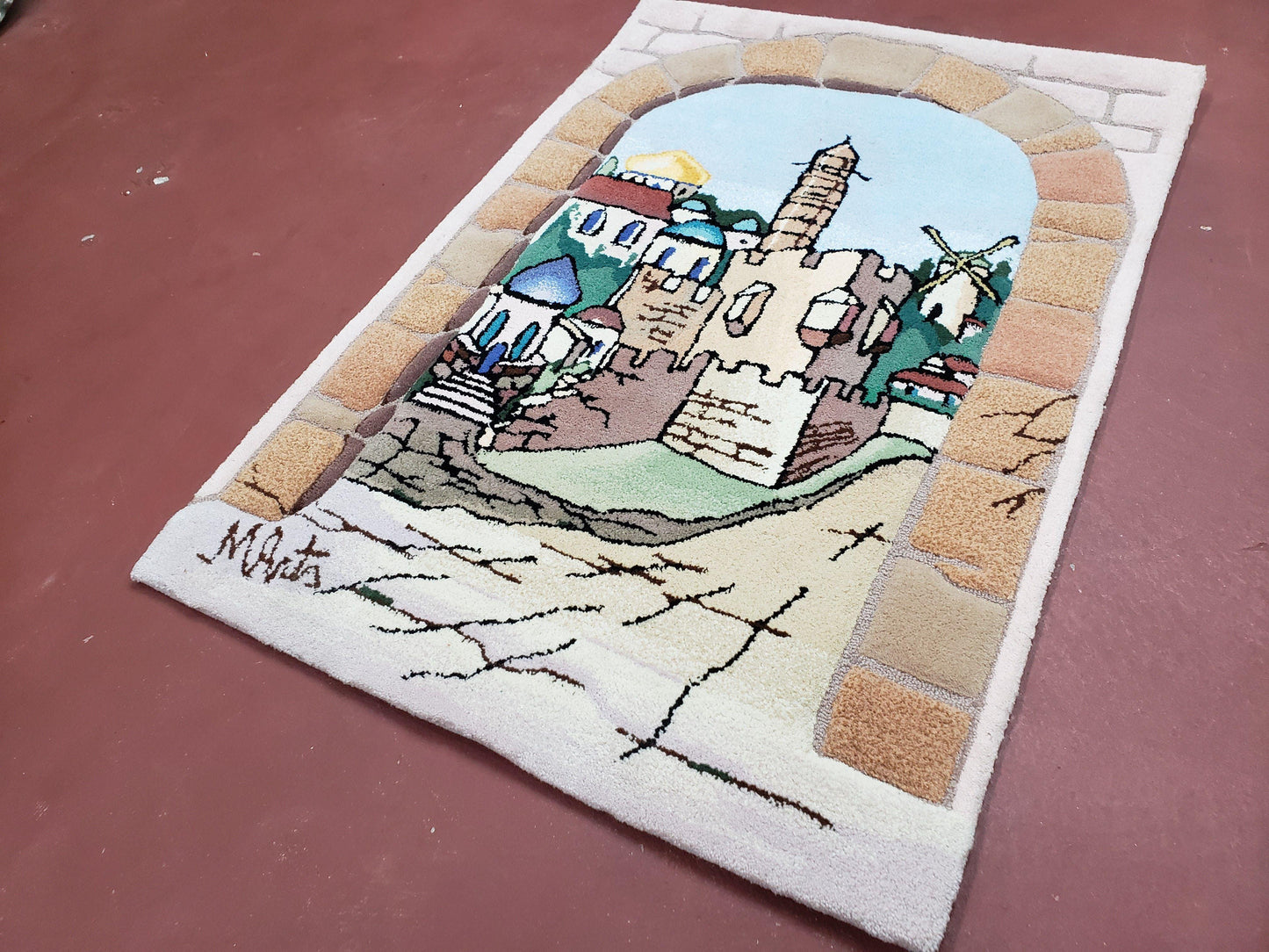 Small Judaica Rug, Rug with Jerusalem Pictorial, Chanuka Gift, Hand-Tufted, Jerusalem Gate, Vintage Judaica, Western Wall Rug, 3x4 Rug