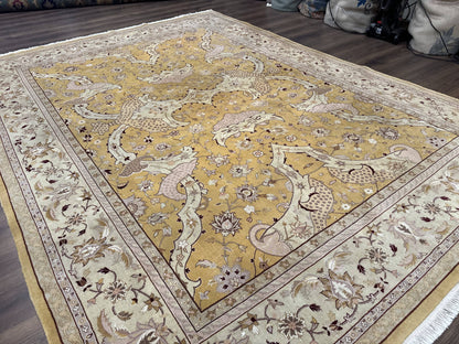 Sino Persian Rug 8x11, Wool with Silk Highlights, Unique Colors, Gold and Light Green, Fine 240 KPSI
