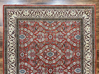 Red Persian Qum Rug 5 x 7.6, Hand Knotted Vintage Wool Fine Carpet 270 KPSI, Floral Allover