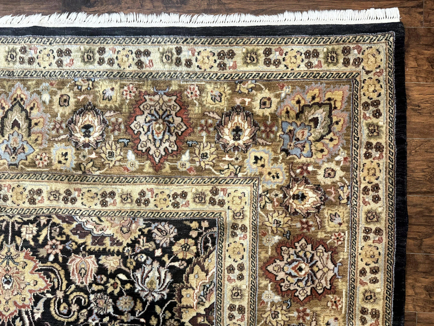 Indo Persian Rug 9x12, Floral Allover, Midnight Blue, Handmade Vintage Wool Oriental Carpet