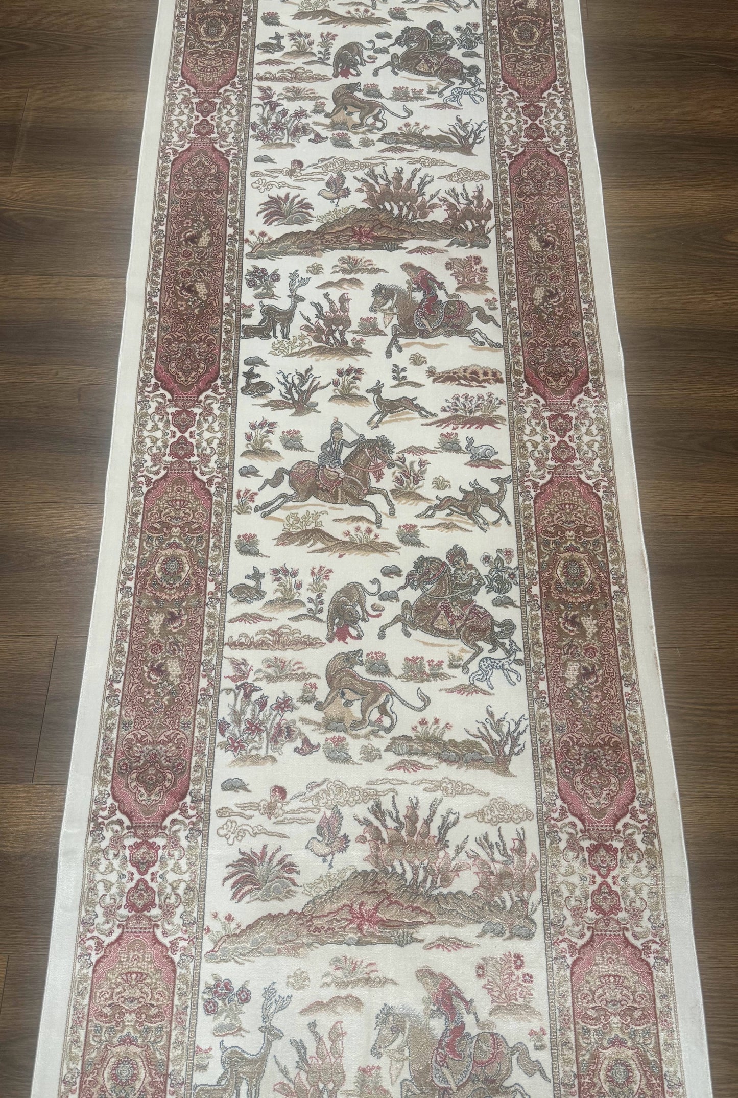 Long Turkish Silk Runner Rug 2.6 x 16.5, Hunting Design, Ivory, Bamboo Silk, New