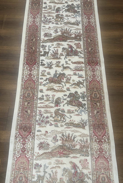 Long Turkish Silk Runner Rug 2.6 x 16.5, Hunting Design, Ivory, Bamboo Silk, New