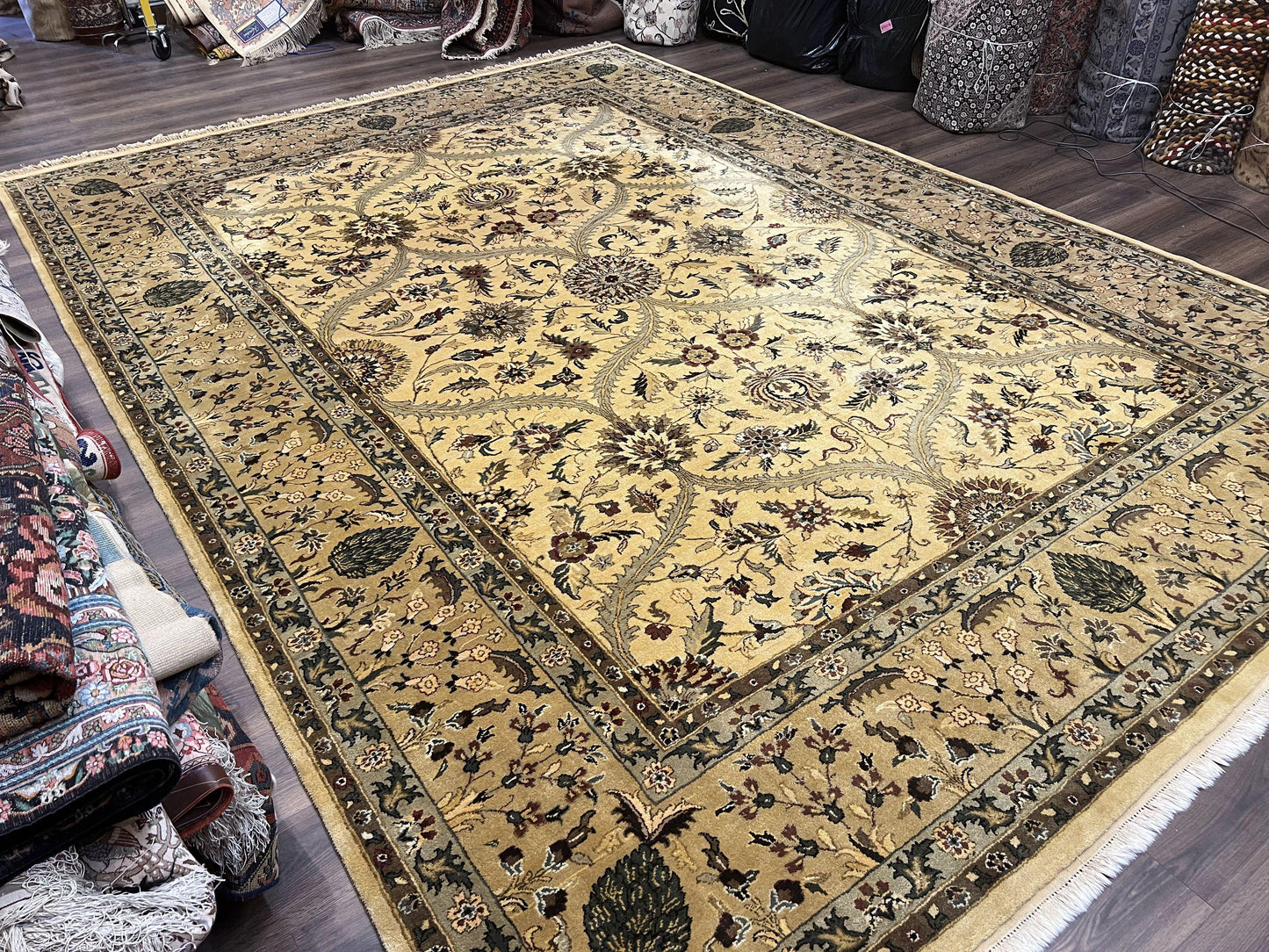 Indo Persian Mahal Rug 10x14, Wool Hand Knotted Oriental Carpet, Cream Floral Allover, Vintage Area Rug 10 x 14, Traditional Rug, Handmade