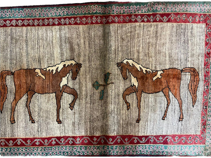 Handmade Wool Rug 4x6 Vintage Zagros Horses Pictorial Area Rug