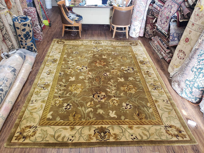 Premium Tibetan Wool Rug 8x10 Hand Knotted Green Beige Floral Area Rug