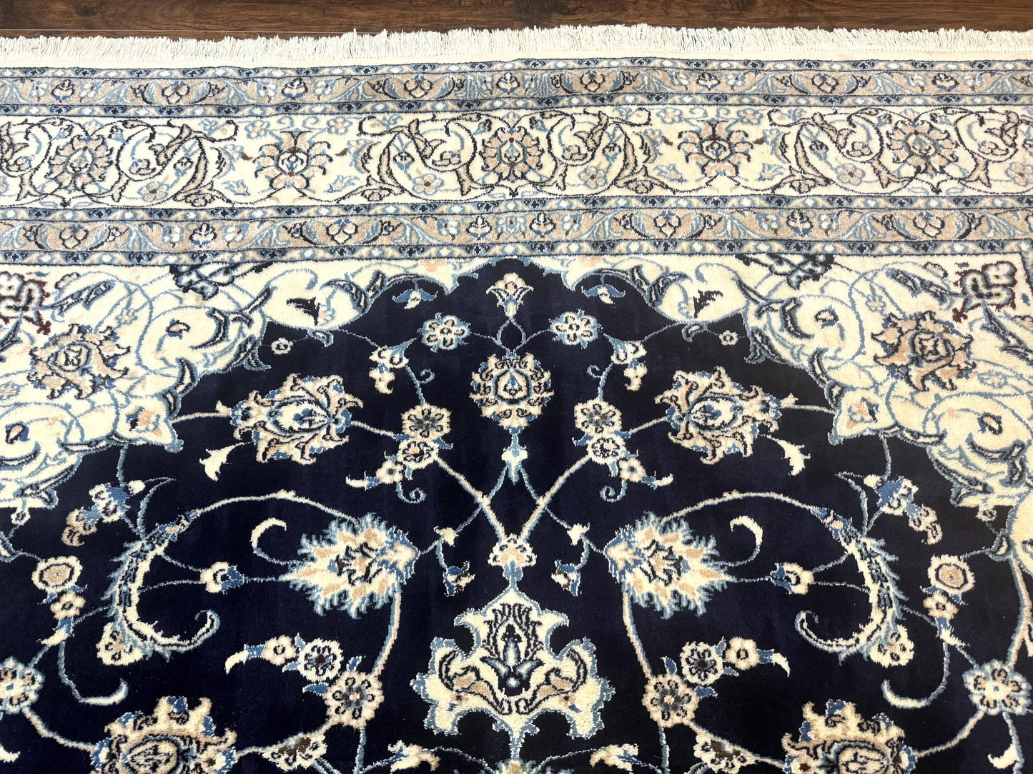 Persian Nain Rug 8x11, Navy Blue and Ivory, Handmade Wool Vintage Carpet, Floral Medallion