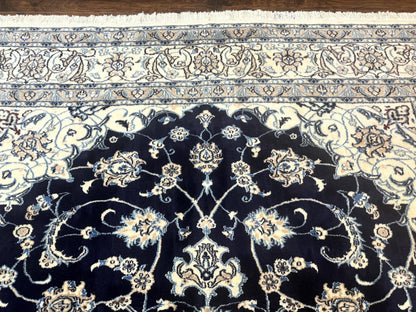 Persian Nain Rug 8x11, Navy Blue and Ivory, Handmade Wool Vintage Carpet, Floral Medallion