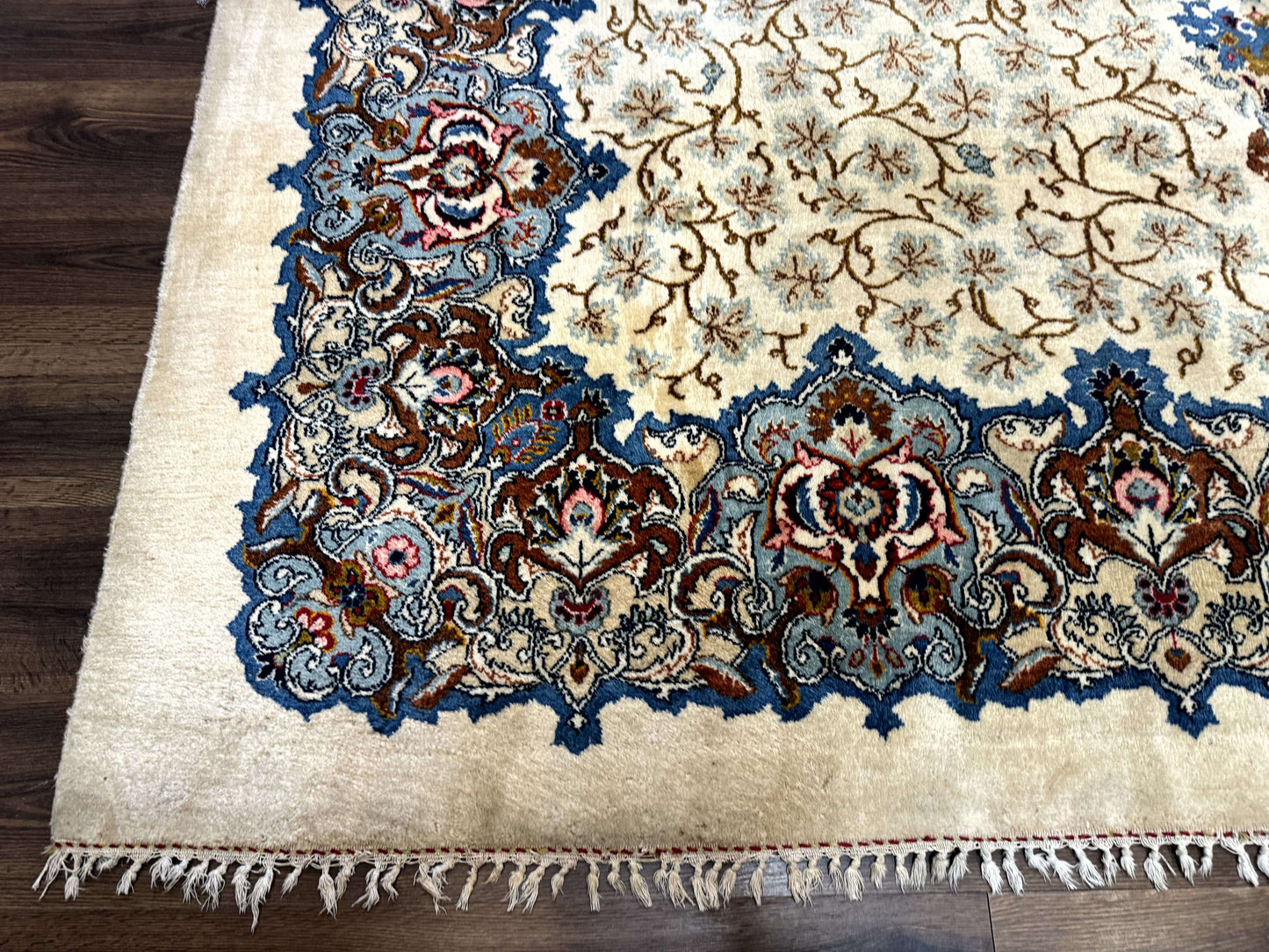 Persian Kashan Rug Hand Knotted Wool 9 X 12.6 Ivory And Blue Floral Medallion Semi Antique Carpet