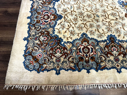 Persian Kashan Rug Hand Knotted Wool 9 X 12.6 Ivory And Blue Floral Medallion Semi Antique Carpet