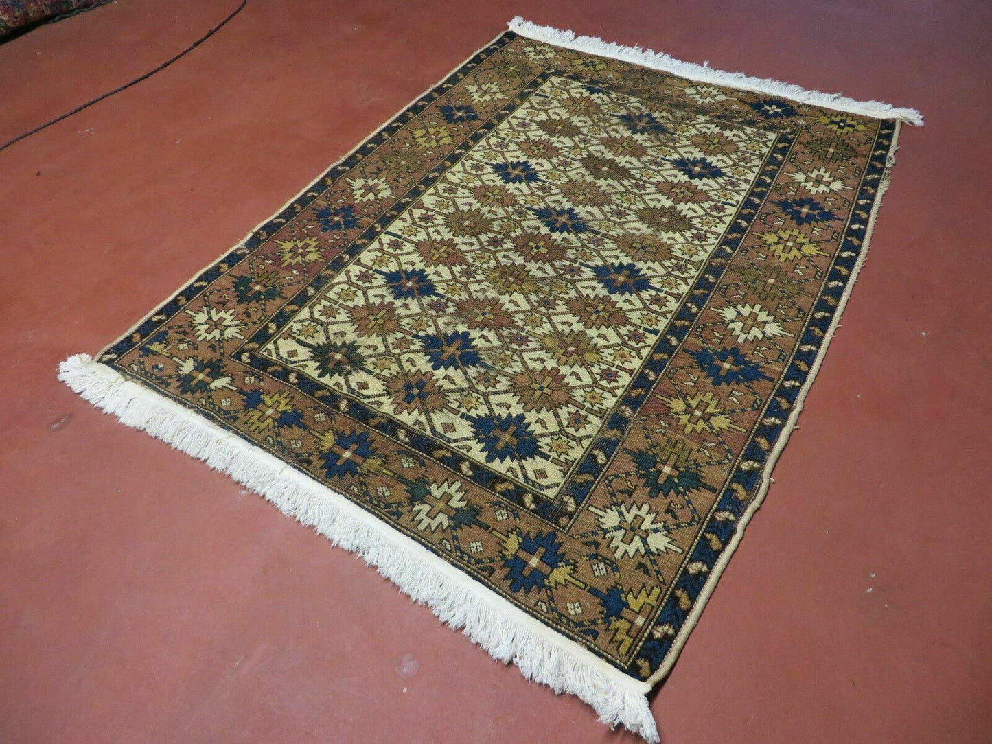 Antique Caucasian Shirvan Kazak Wool Rug Snowflake Design 4x5 Feet