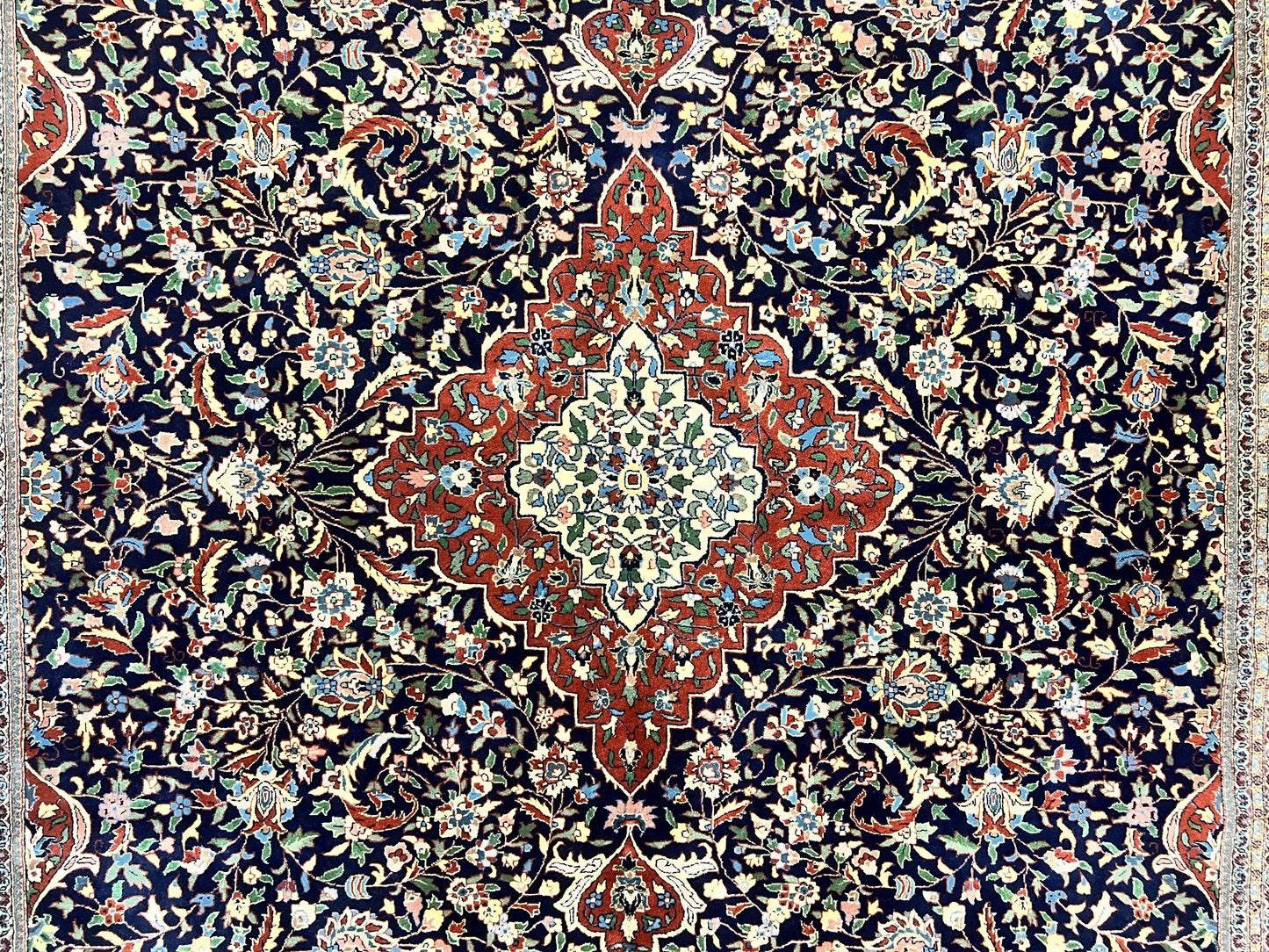 Indo Persian Rug 8x10 Floral Medallion Vintage Handmade Wool Carpet Navy Blue Red 300 KPSI