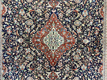 Indo Persian Rug 8x10 Floral Medallion Vintage Handmade Wool Carpet Navy Blue Red 300 KPSI