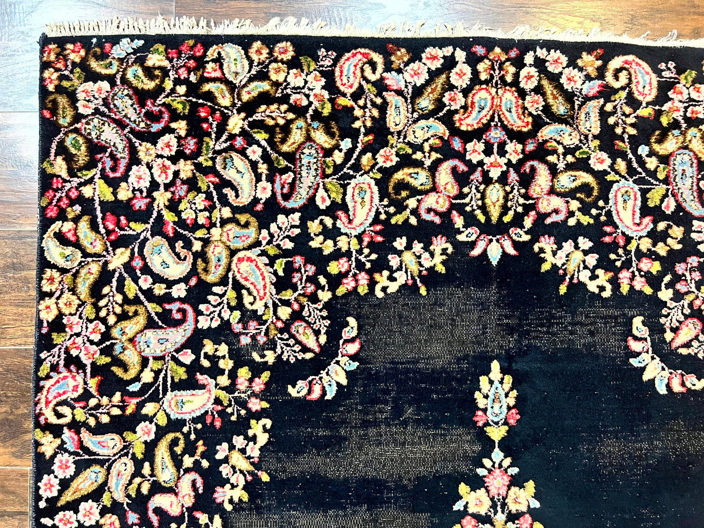 Antique Persian Kirman Rug 5x8, Floral Kirman, Midnight Blue/Black, Semi Open Field, Handmade Vintage Wool Carpet