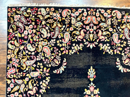Antique Persian Kirman Rug 5x8, Floral Kirman, Midnight Blue/Black, Semi Open Field, Handmade Vintage Wool Carpet