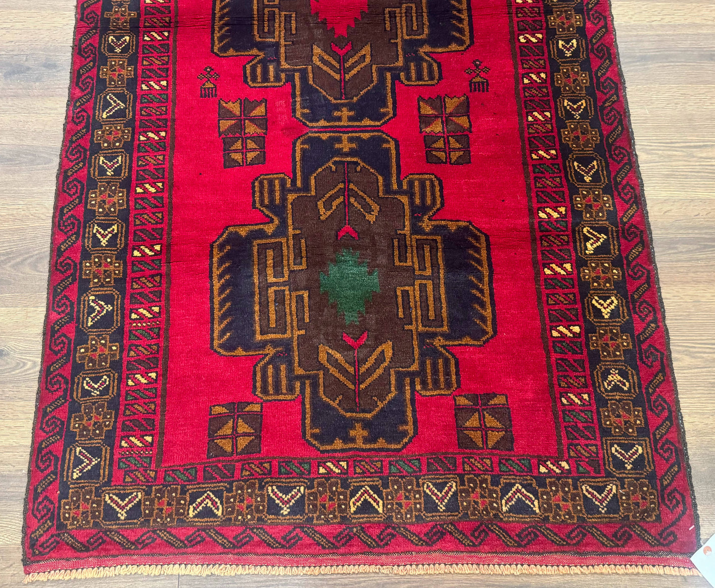 Afghan Balouch Rug Red 4x7 Handmade Wool Area Carpet Triple Medallions