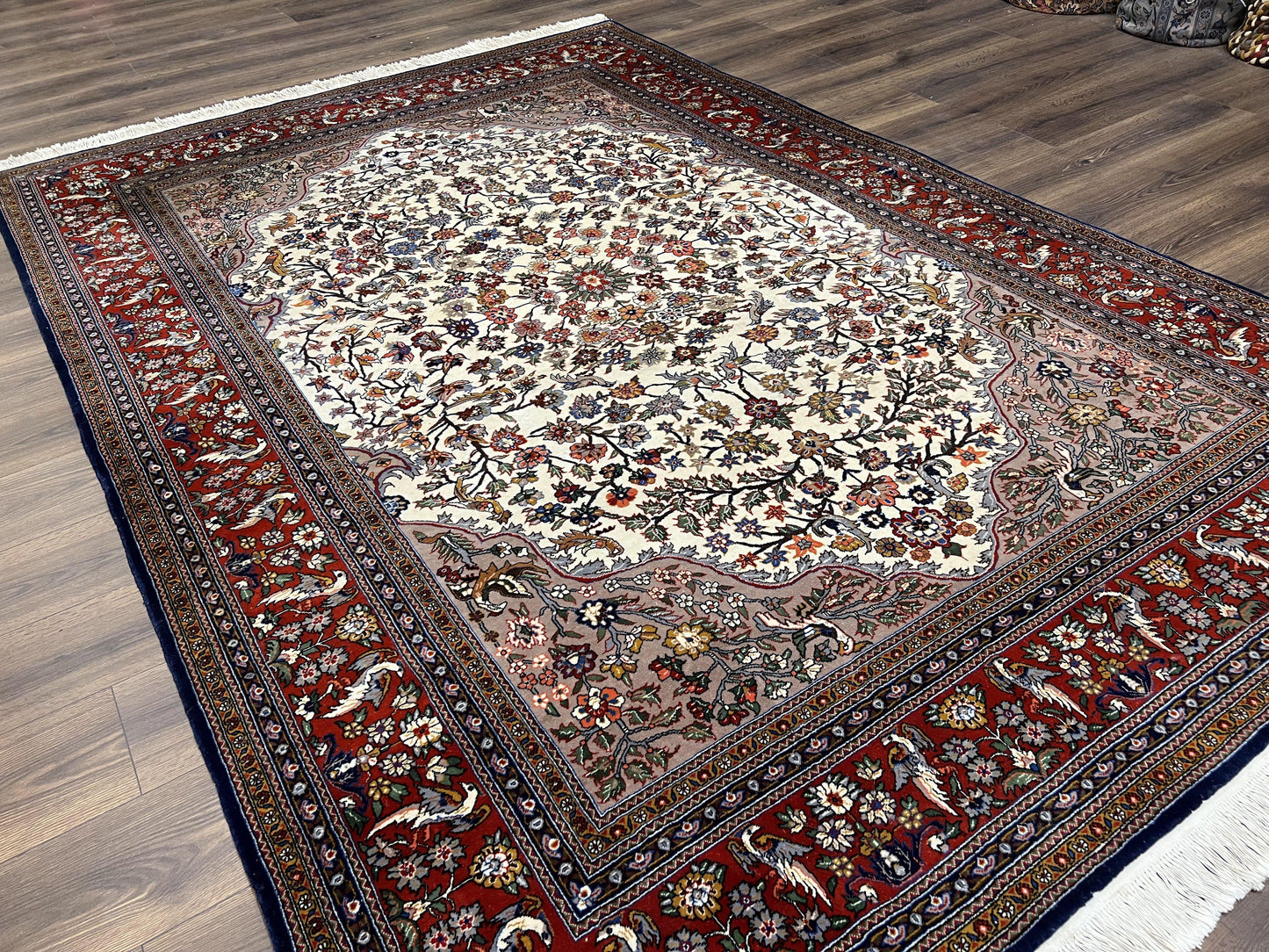 Sino Persian Rug Hand Knotted 7x10 Circle Of Life Tree Of Life Birds Cream Red Navy Blue Taupe Wool Silk Accents Vintage