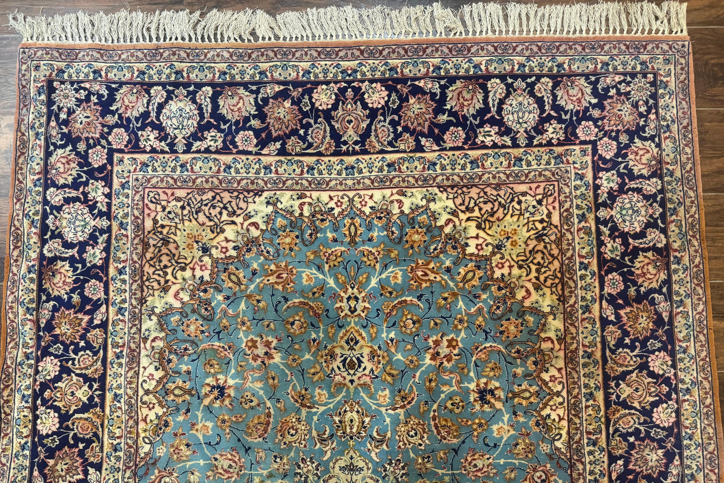 Light Blue Persian Isfahan Rug 5x8, Floral Medallion, Wool on Silk Foundation, Very Fine 530 KPSI, Handmade Carpet