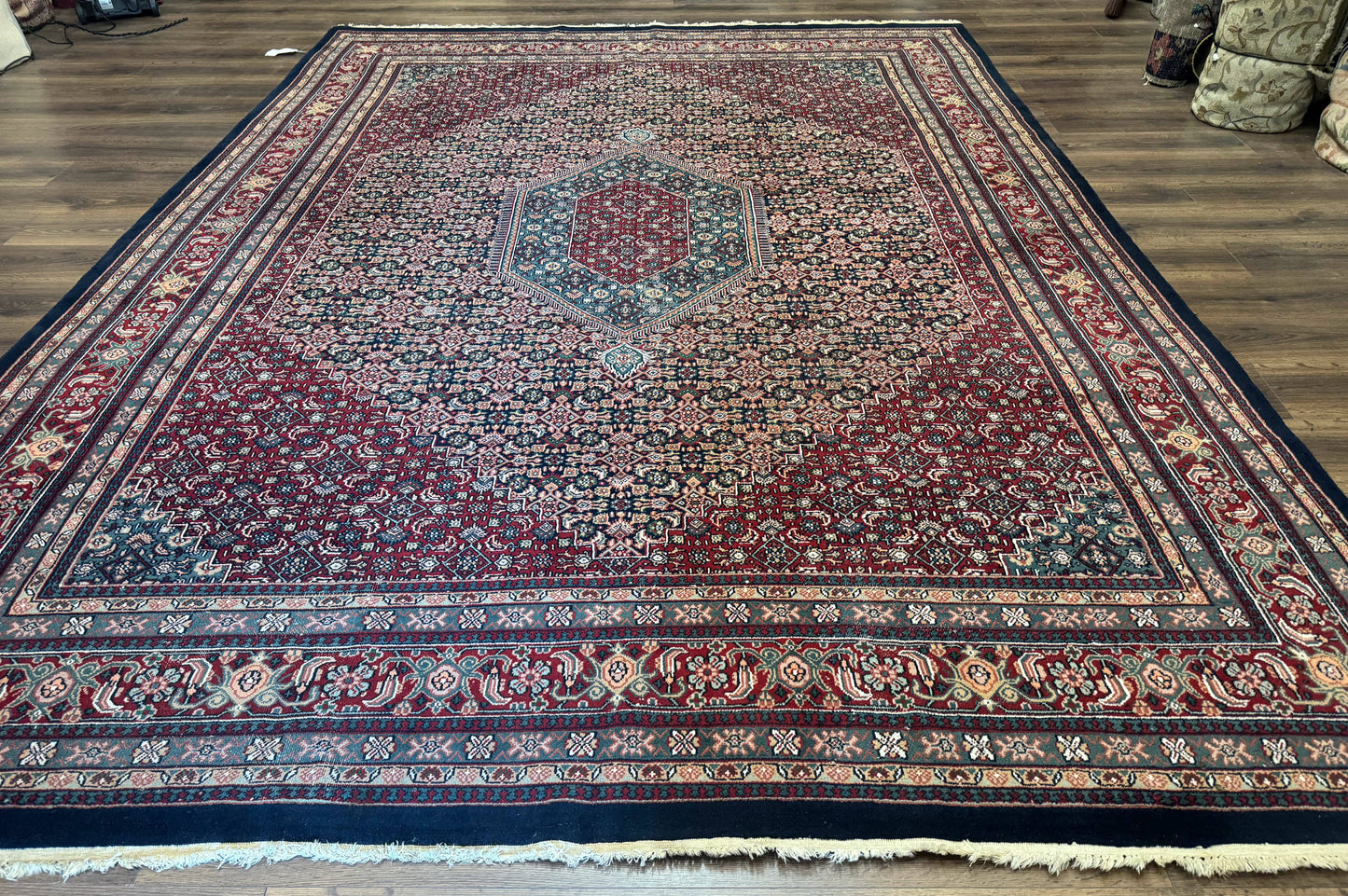 Indo Persian Bidjar Rug 9x12 Wool Handmade Carpet Dark Blue
