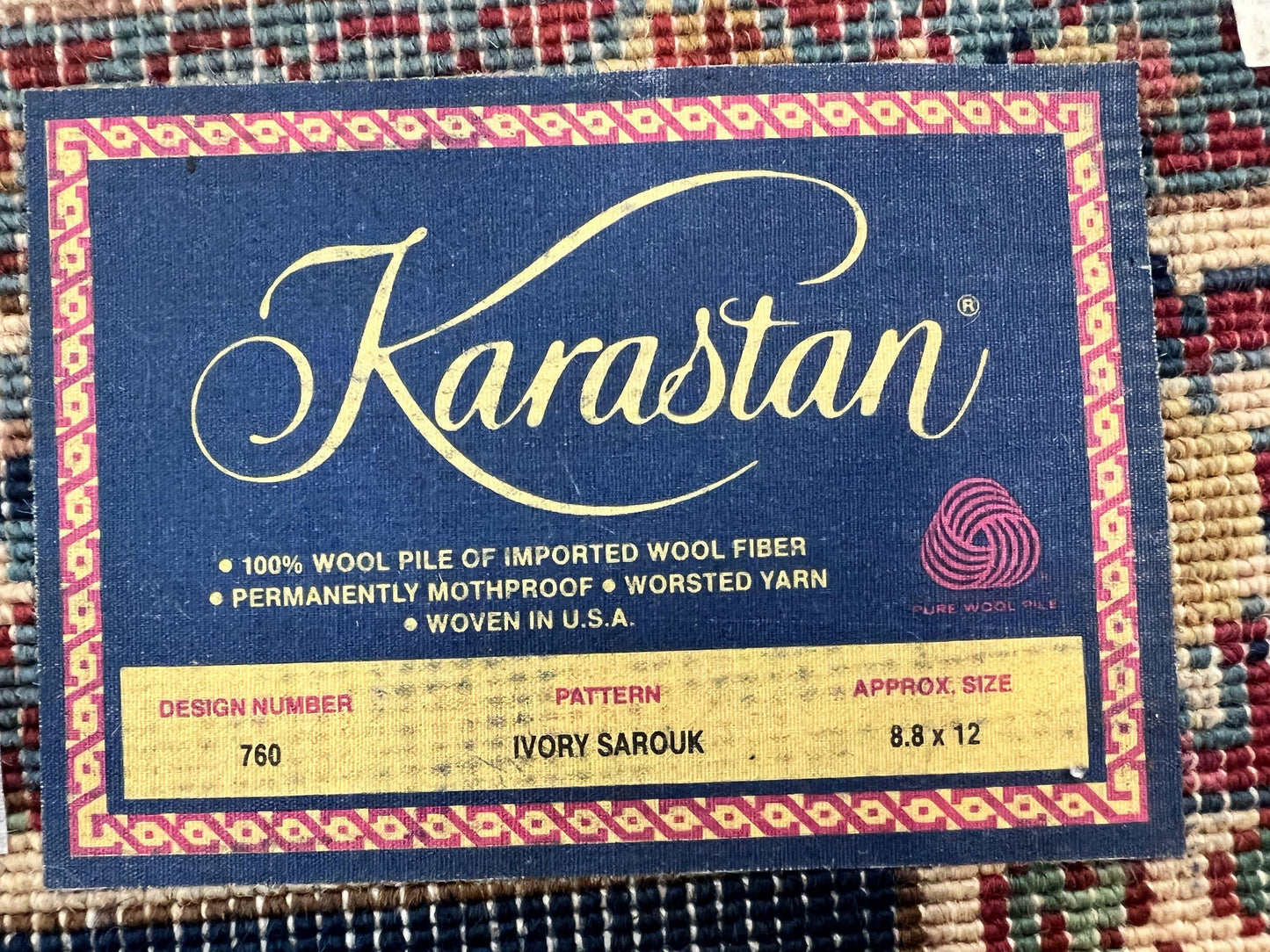 Karastan Rug 8' 8" x 12', Ivory Sarouk #760, Original Karastan Carpet 700 Series, Wool Karastan Area Rug, USA Made, Large Karastan w/ Label