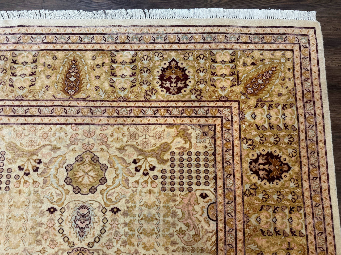 Pakistani Carpet 9x12, Finely Hand Knotted 270 KPSI, Cream, Allover Pattern