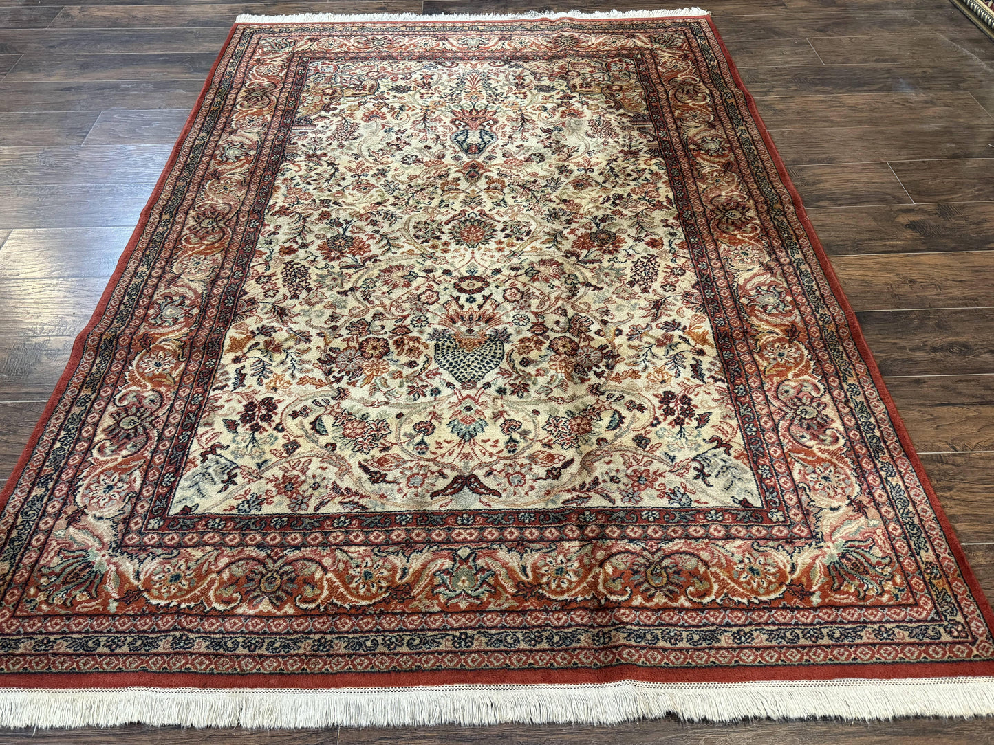 Antique Persian Rug 5x7 Allover Floral With Vases Beige Red Belgian Power Loomed Wool