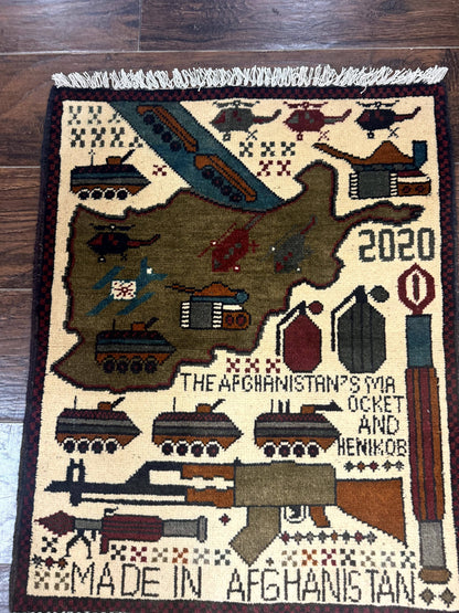 Afghan War Rug Handmade Wool With Helicopters And Tanks Decor