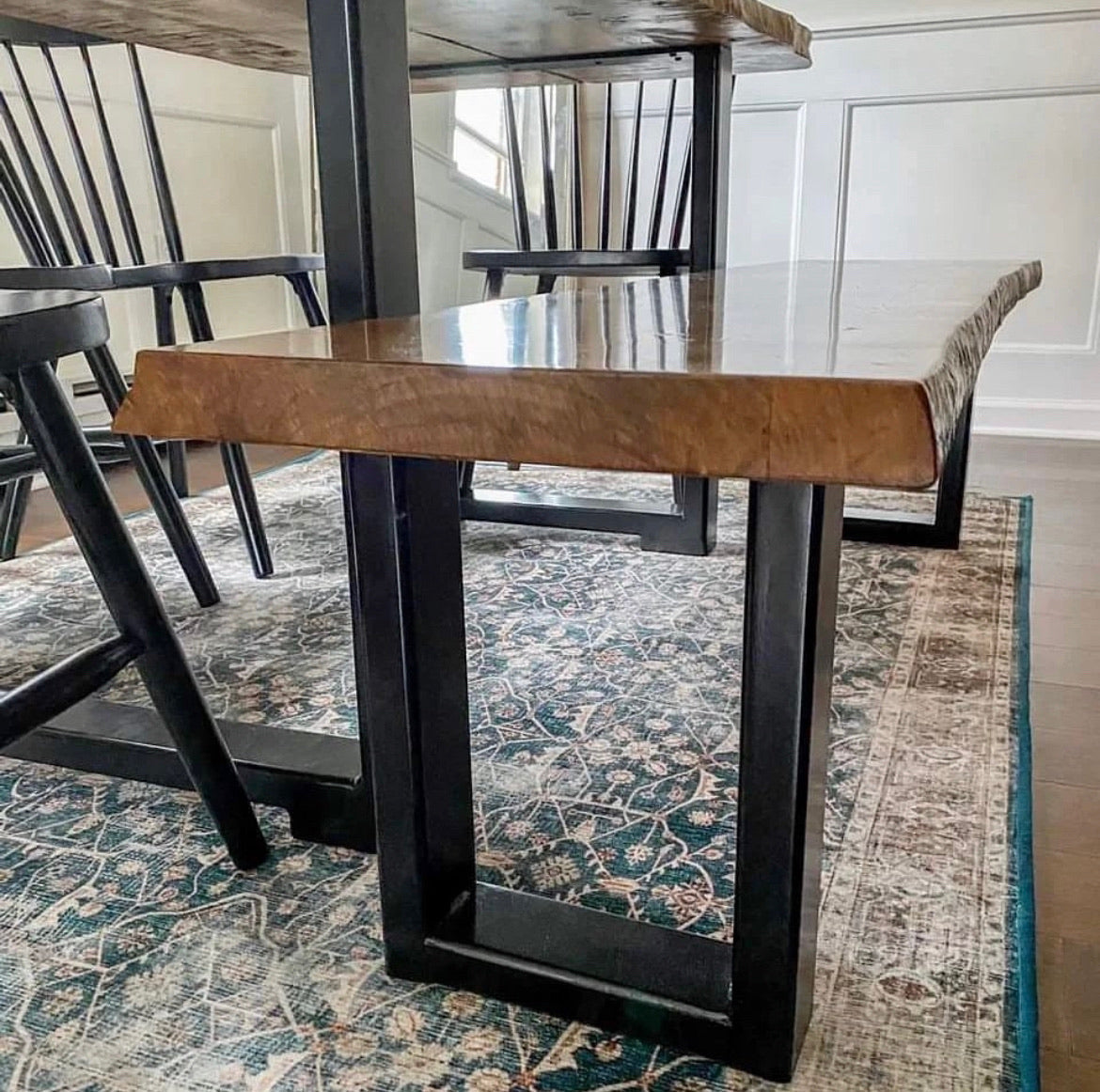 Metal U Leg Dining Table With Solid Wood Top And Handcrafted Metal Base