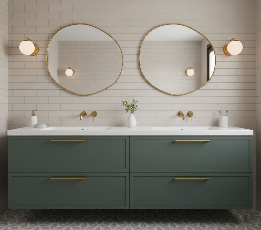 Pair of raw edge brass mirrors over a double bathroom vanity