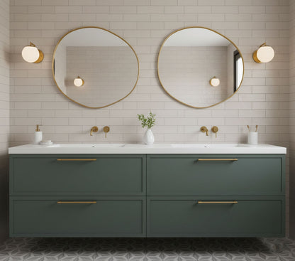 Pair of raw edge brass mirrors over a double bathroom vanity