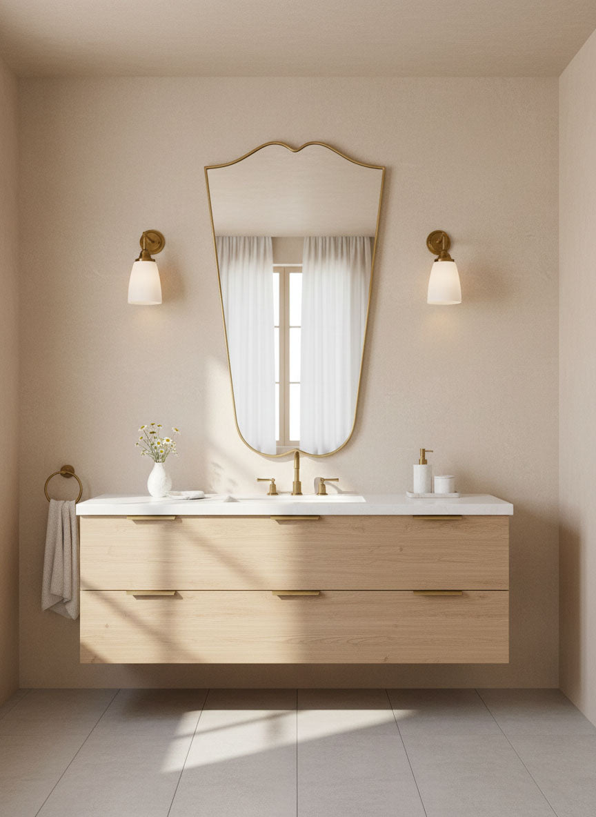 Handmade Gentle Wave Crest mirror with curved top in bathroom