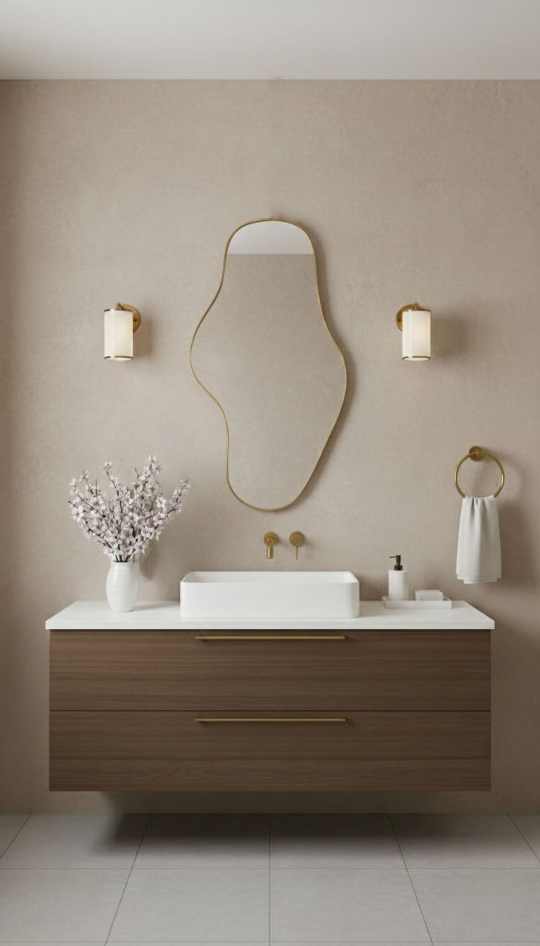 Organic asymmetrical Waveform mirror with brass frame in neutral bathroom