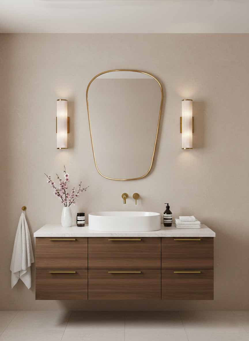  brass bathroom mirror above modern wood vanity