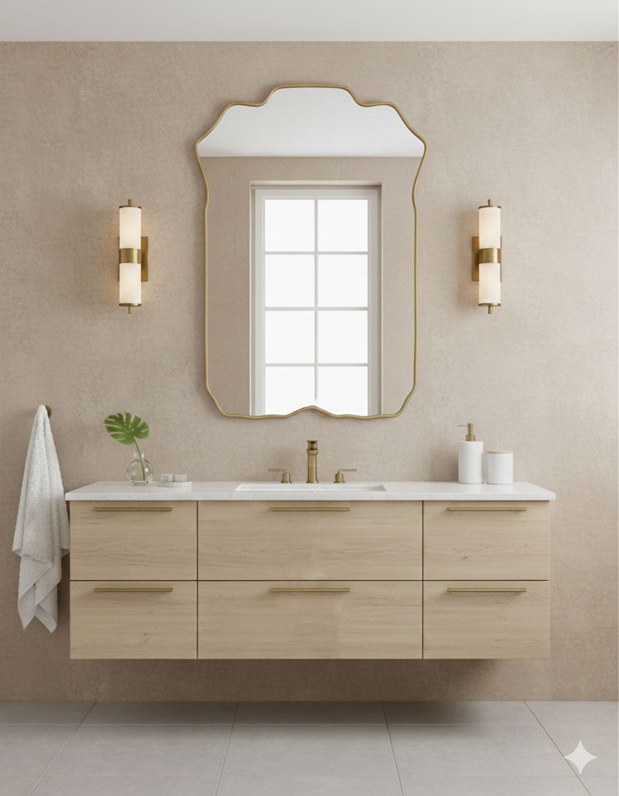 Handmade brass crest mirror with scalloped rectangular frame