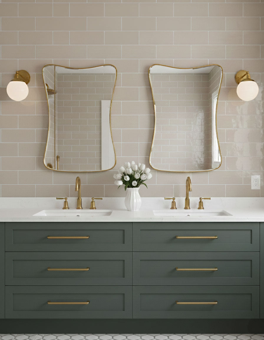 Pair of Cloud Curve Rectangle mirrors in brass finish above double bathroom vanity