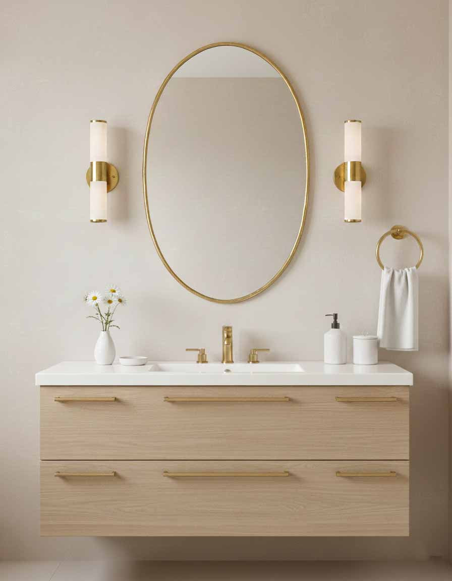 Brass oval mirror above modern bathroom vanity