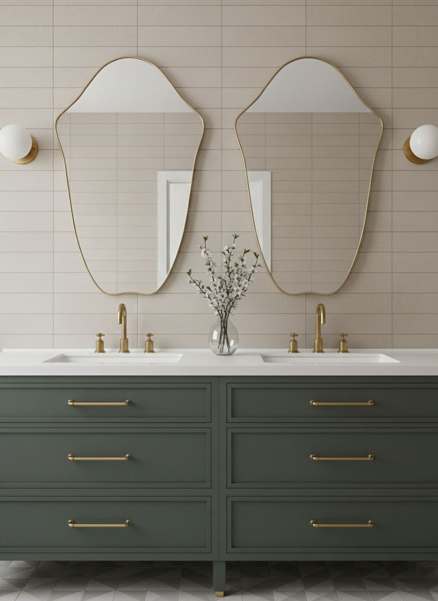 Double Crest Edge brass mirrors above a bathroom vanity