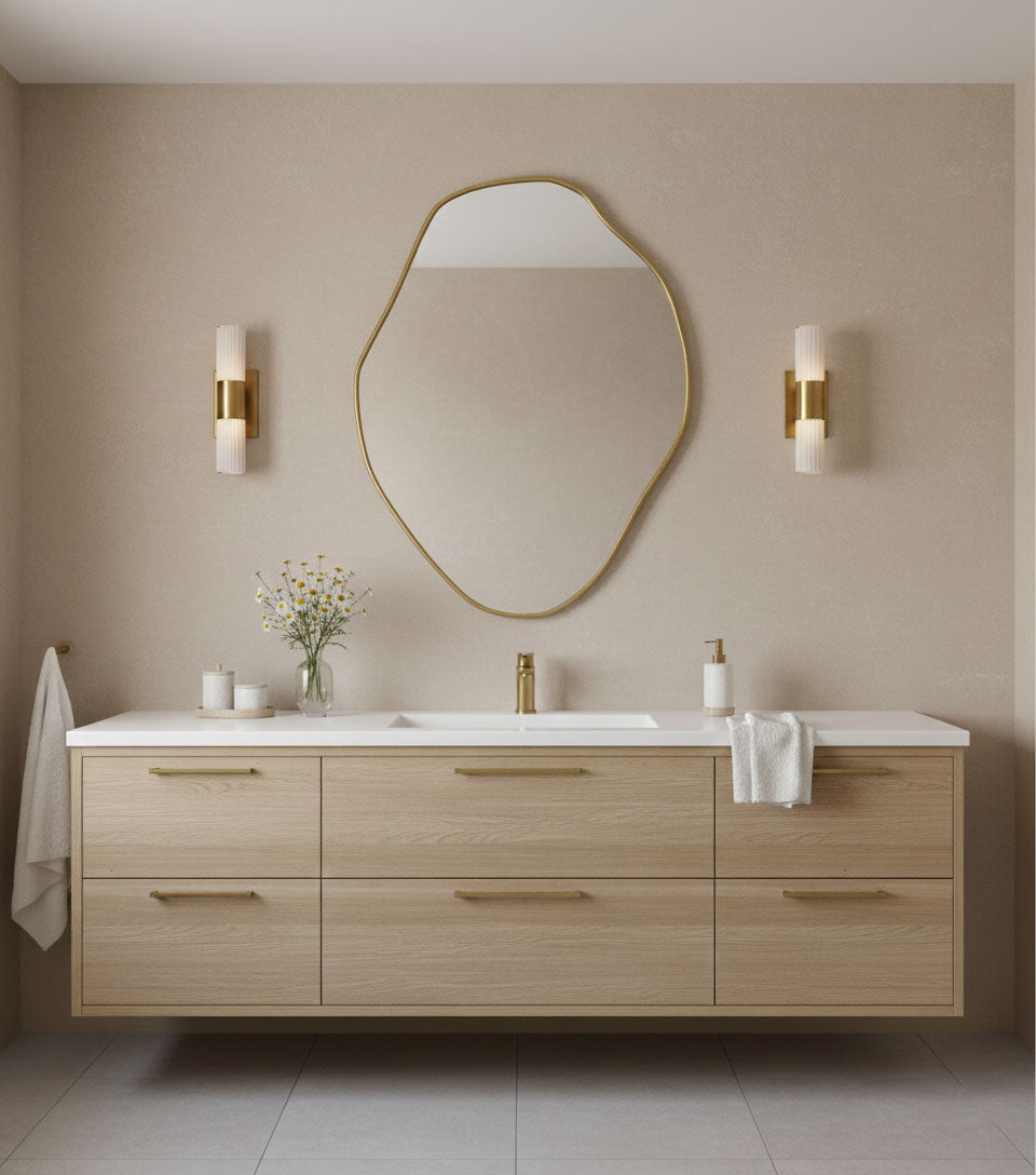 Freeform brass bathroom mirror over double vanity with warm neutral tones