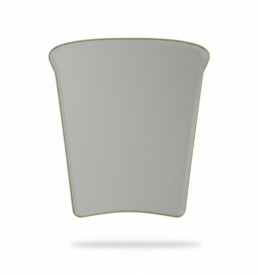 Tulip Crest brass mirror with curved organic silhouette on white background