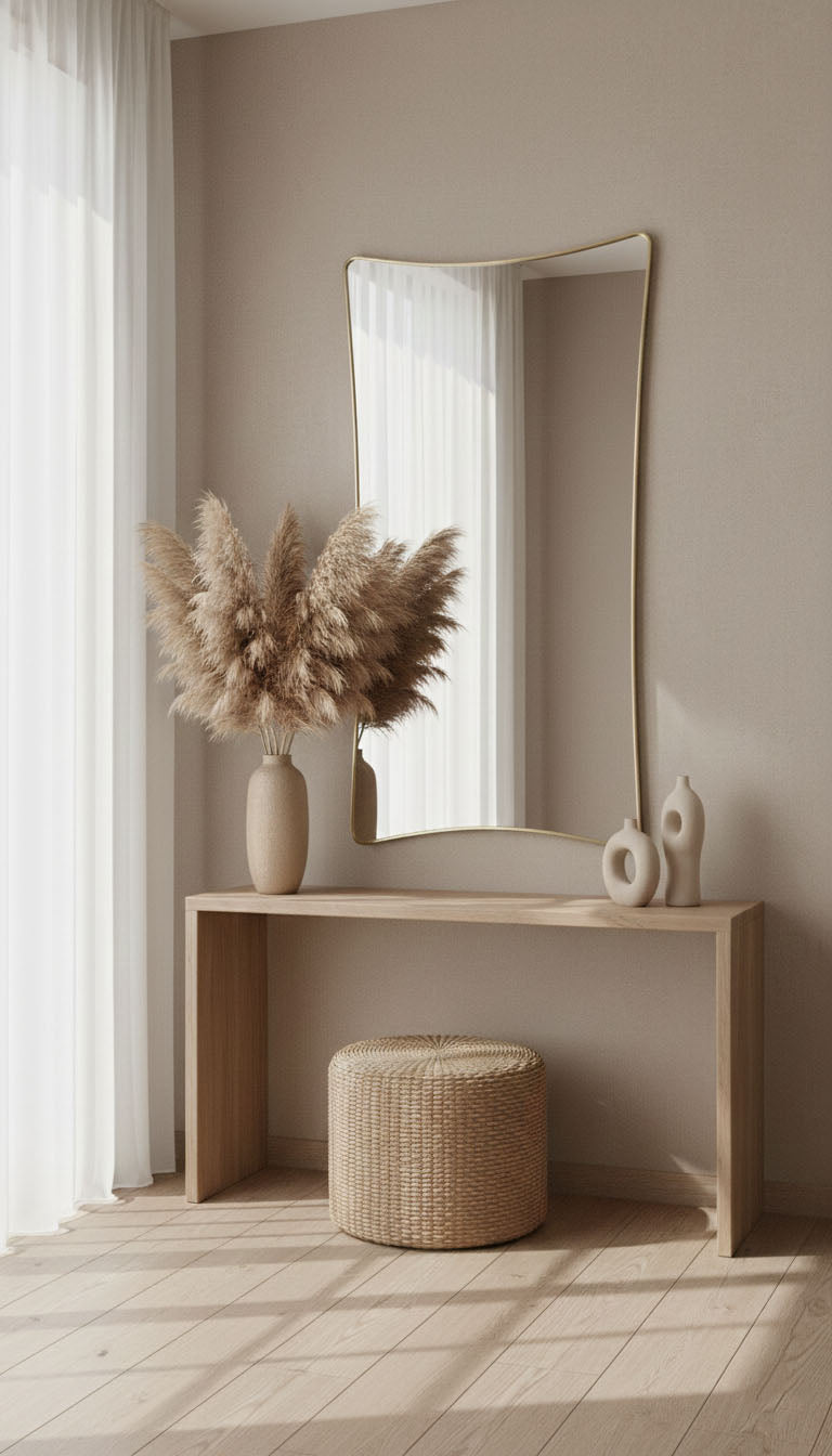 Curved rectangle brass mirror styled above minimalist console table