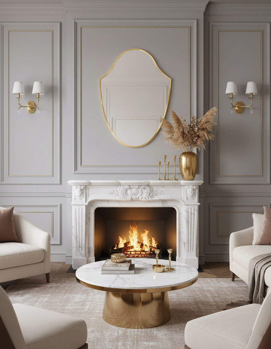 Living room with a fireplace, mirror, and decorative elements.