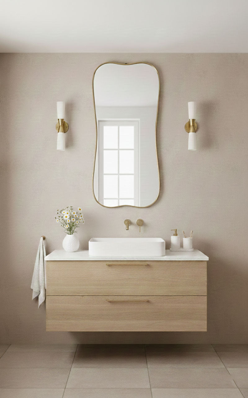 Belle Curve rectangle mirror styled in soft neutral bathroom